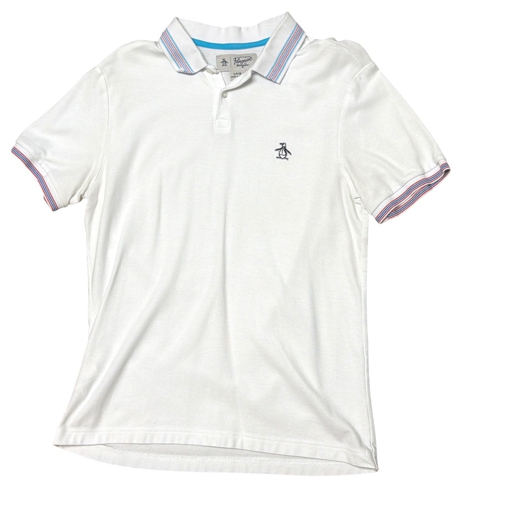 Original Penguin Mens White Cotton Pique Polo Shirt Striped Trim Small RT26895